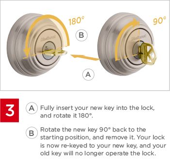 Fully insert your new key into the lock and rotate it 180 degrees. Then rotate the new key 90 degrees back to the starting position, and remove it. Your lock is now re-keyed to your new key, and your old key will no longer operate the lock.