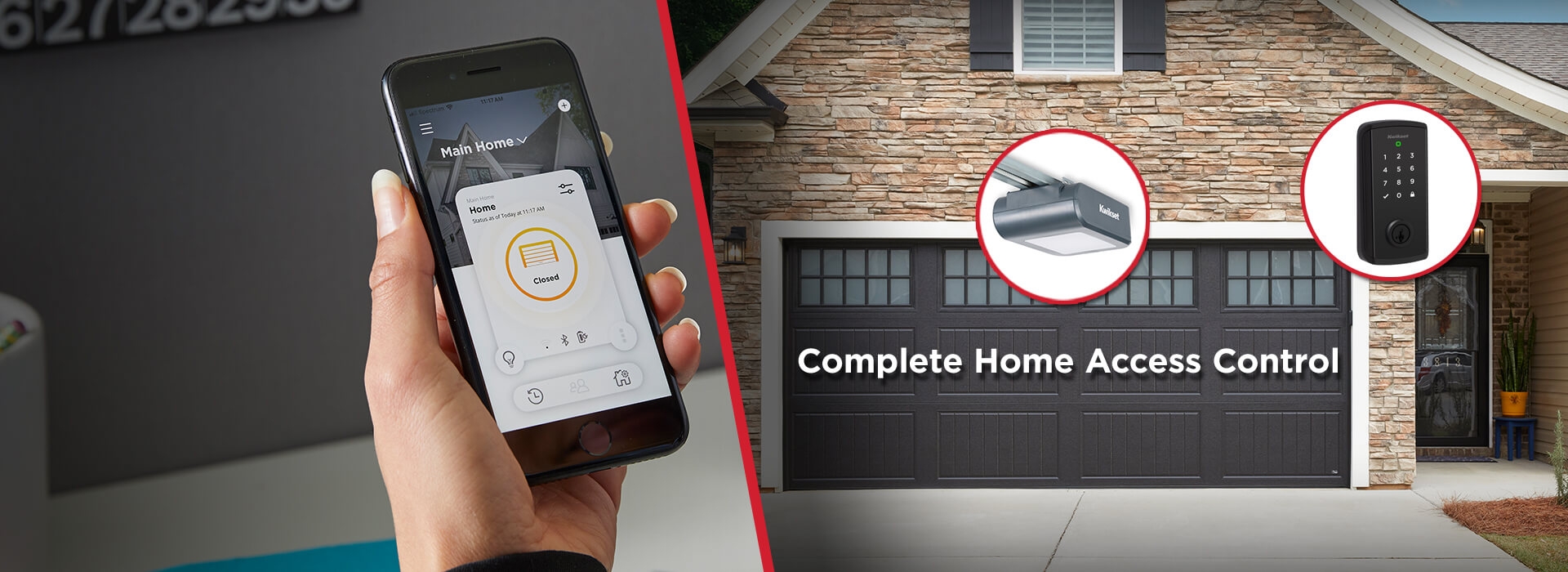 Split image of a hand holding a phone with the Kwikset app on the left and a golden retriever sitting by an opening garage