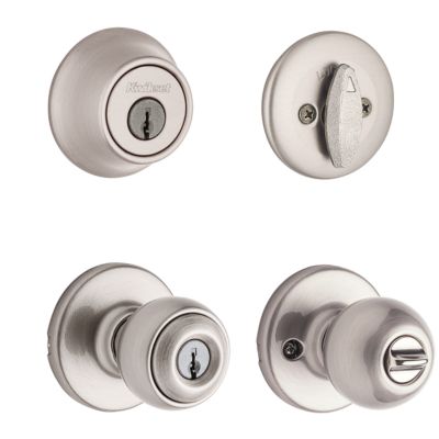 Kwikset Cameron - Pomo de puerta de entrada con cerradura y llave, manija  segura con llave exterior, entrada frontal y dormitorio, níquel satinado