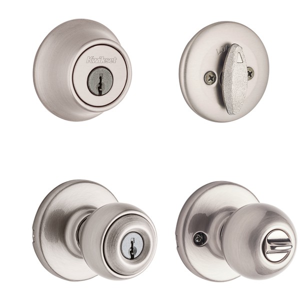 Satin Nickel Polo Security Set - Deadbolt Keyed One Side - with