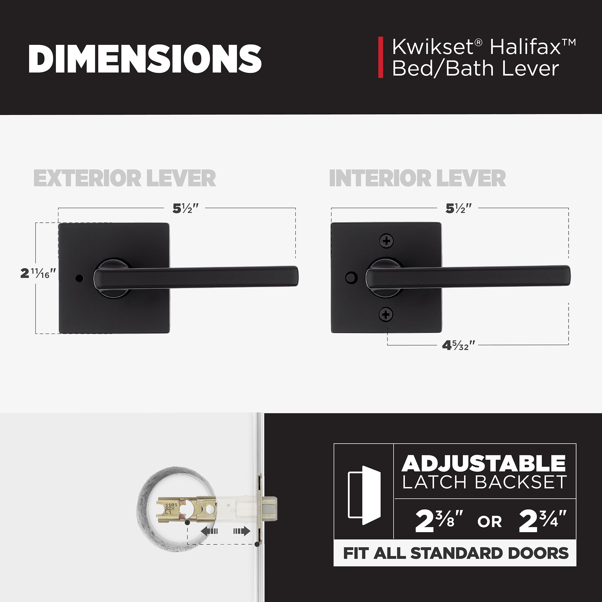 Kwikset Halifax Square Matte Black Bed/Bath Door Lever with Lock (4-Pack)
