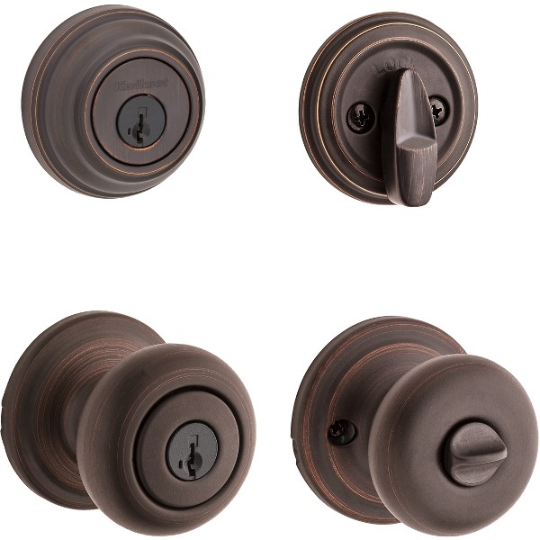 Juno Satin Nickel Exterior Entry Door Knob and Double Cylinder Deadbolt  Combo Pack Featuring SmartKey Security