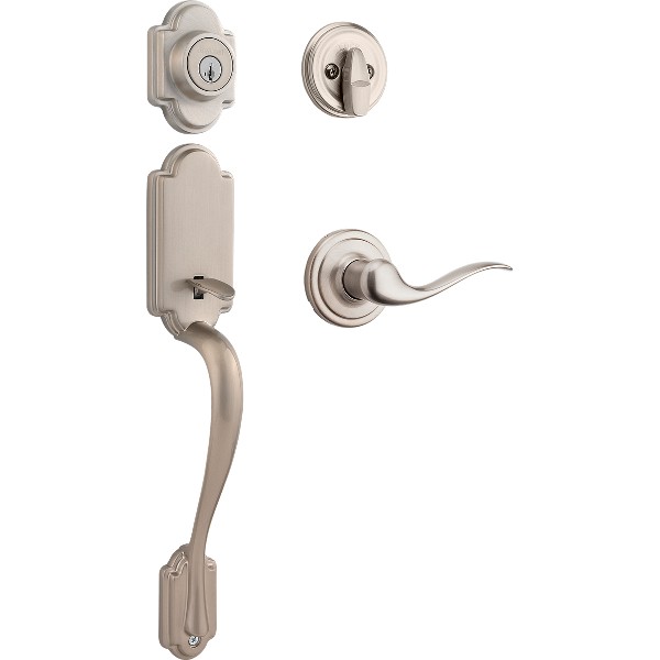 Satin Nickel Arlington Handleset with Tustin Lever - Deadbolt Keyed One  Side - featuring SmartKey