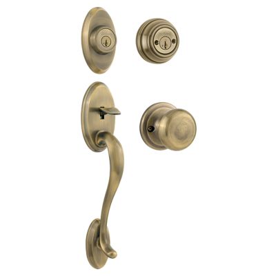 Shelburne Antique Brass Single Cylinder Door Handleset with Juno Door Knob Featuring SmartKey Security