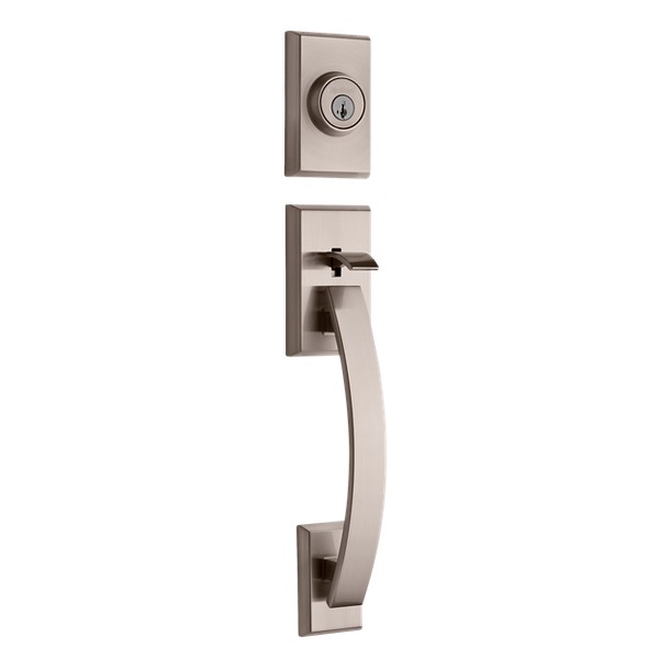 Satin Nickel Tavaris Handleset Deadbolt Keyed One Side Exterior