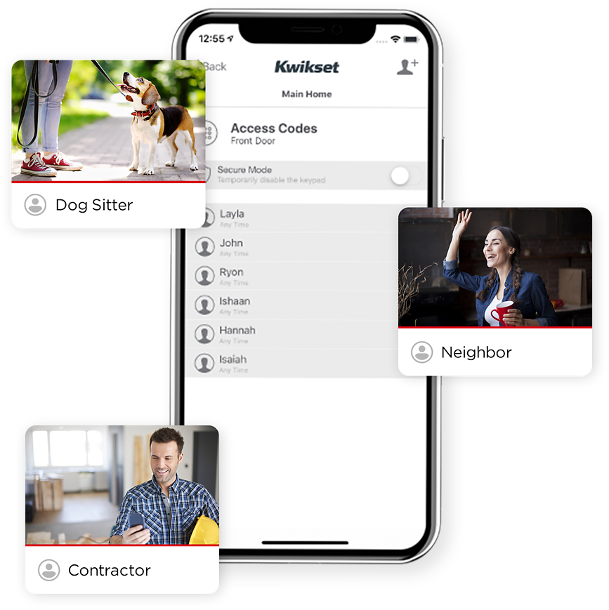Kwikset phone app with a picture of a dog sitter walking a dog, a neighbor waving, and a contractor with a hard hat