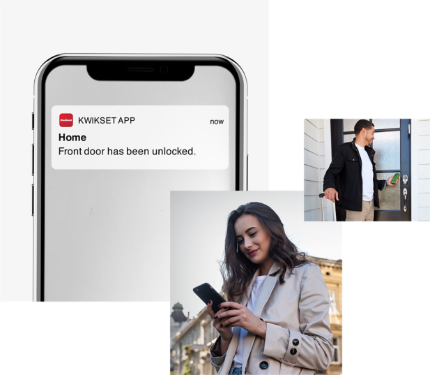 a notification on a phone from the Kwikset app, a woman checking their Kwikset app at work, and a man with a suitcase using their phone to unlock a door