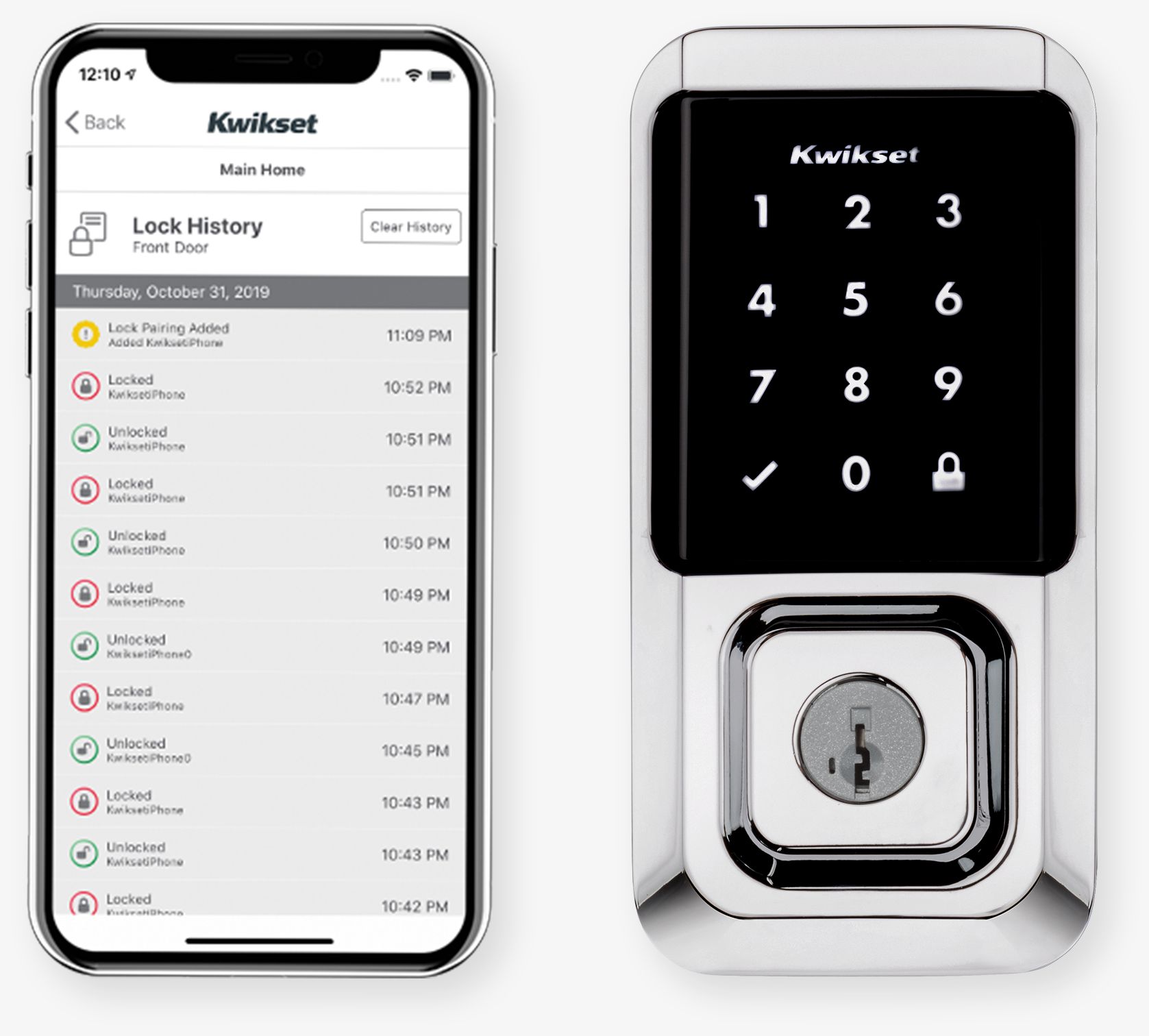 kwikset lock next to a phone with the Kwikset app open