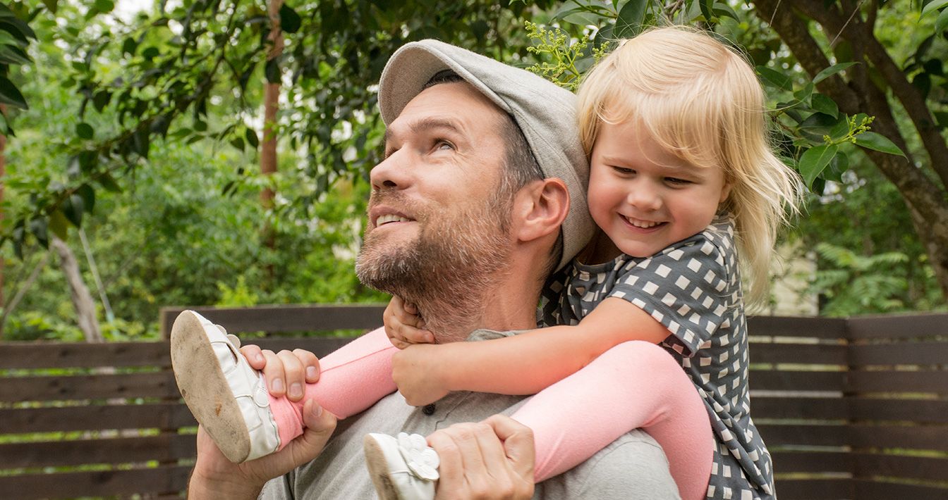 Dad holding his daughter over his shoulders